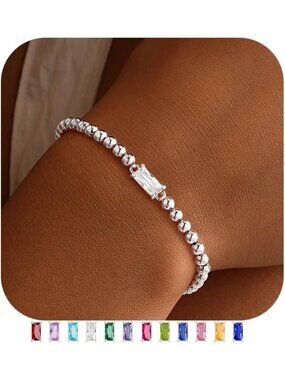 Women's Clear Silver Plated Birthstone Beaded Bracelet Dainty Jewelry Gift